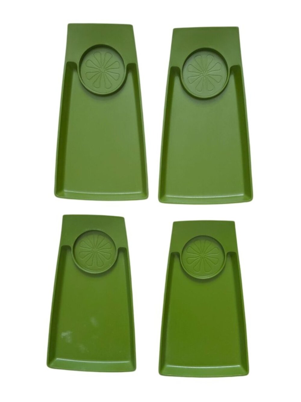 4x Vintage MCM David Douglas Green Melamine Snack Trays w/ Built-In Drink Holder
